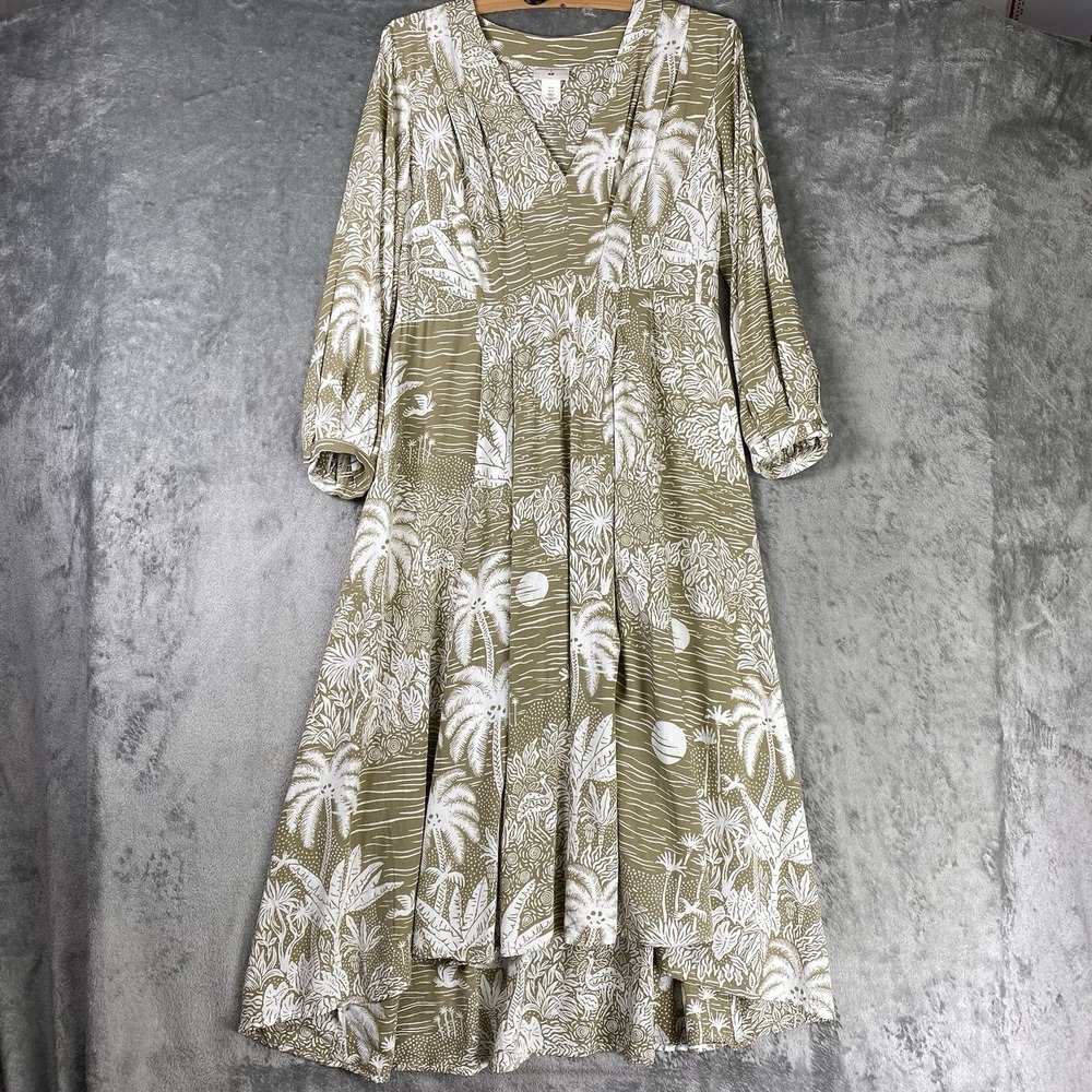 Desmond & Dempsey X H&M Dress Womens Sz XS Green Linen Blend Beach Tropical Palm